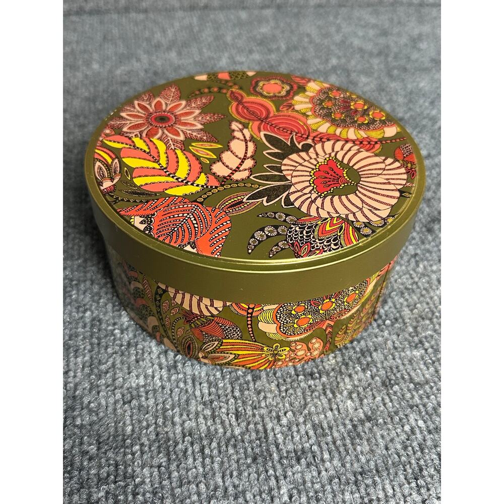 Lush Karma discontinued decorative tin gold floral round storage 70s botanical